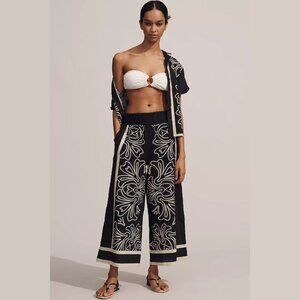 NEW The Somerset - Size M Printed-Linen Pull-On Pants - Black, by Anthropologie